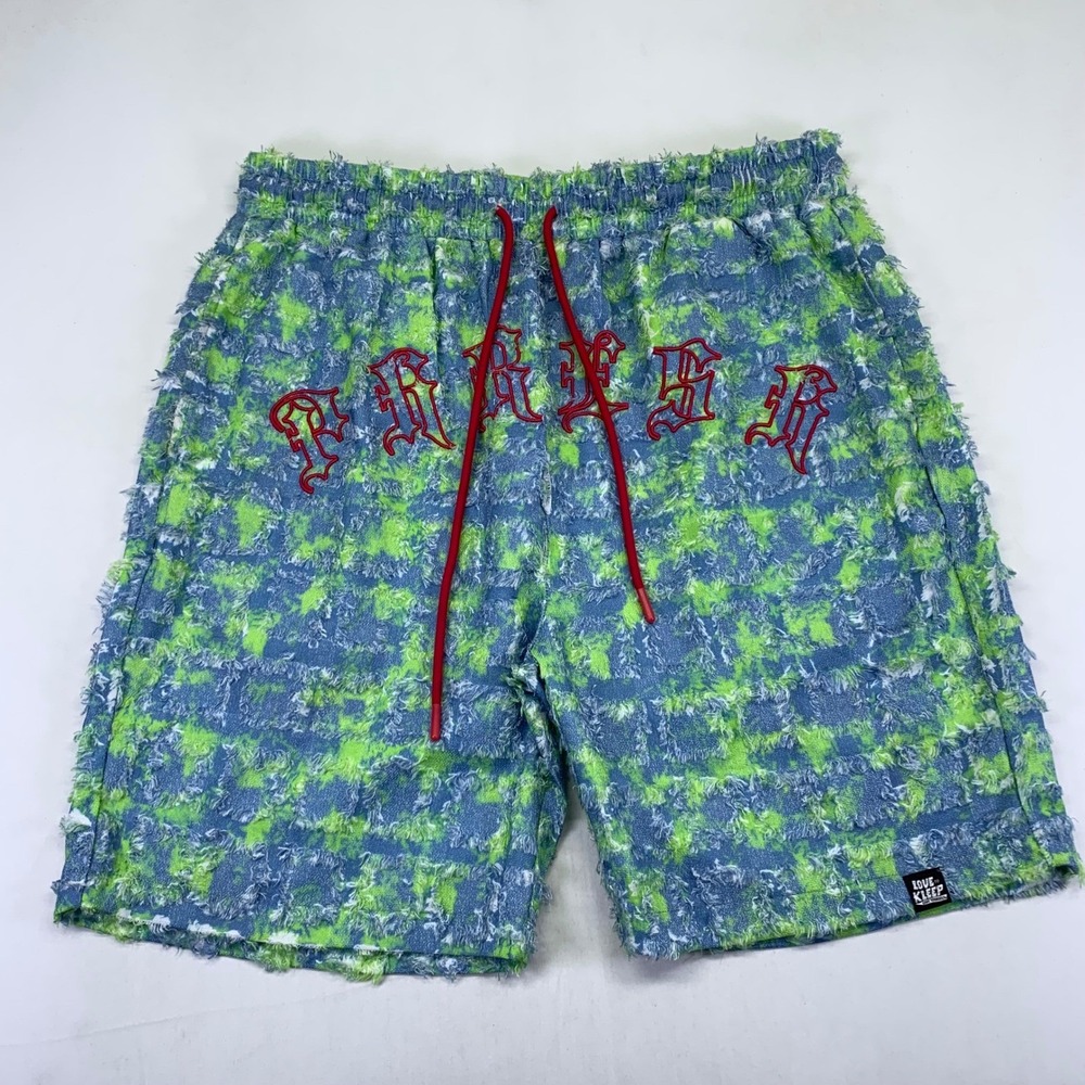 Kleep Shorts‎ Mens XL Frayed Blue Green Red Embroidered Streetwear Skater Grunge